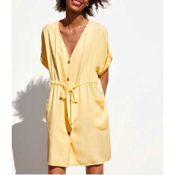 Zara Button Front Tie Waist Shirt Dress Yellow XS Cap Sleeve - Picture 2 of 14